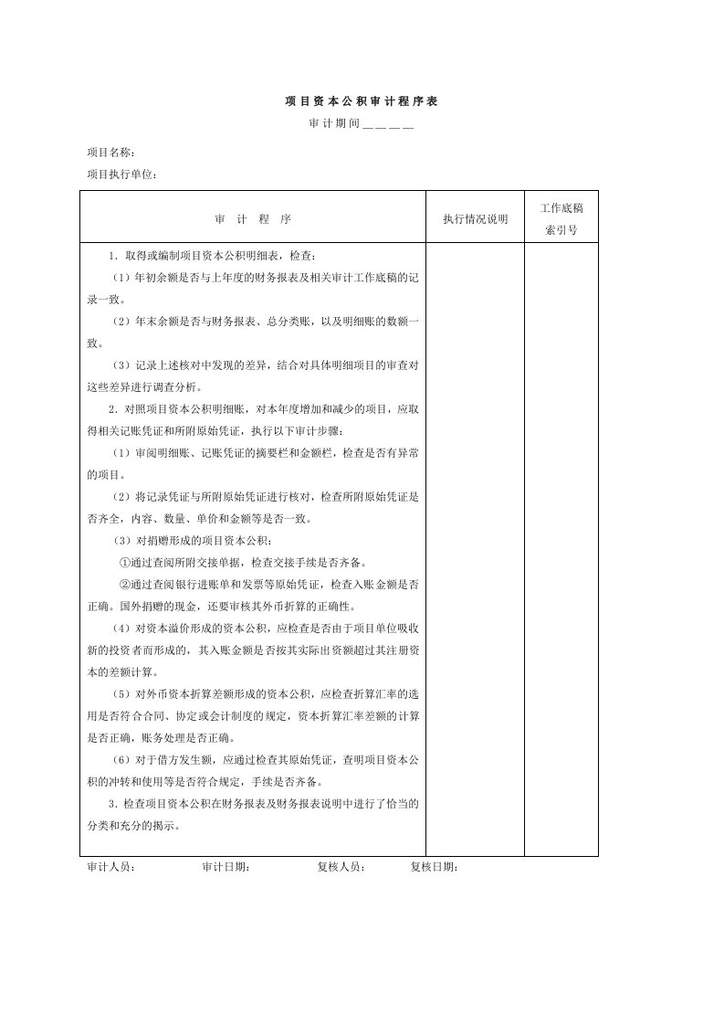 项目管理-项目资本公积审计程序表