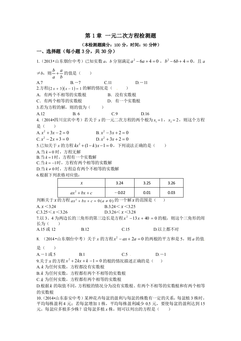 【小学中学教育精选】第1章《一元二次方程》检测题含答案解析