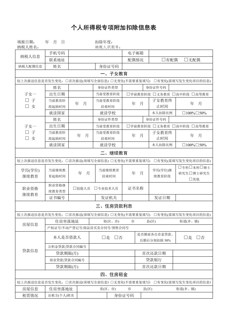 个人所得税专项附加扣除信息表