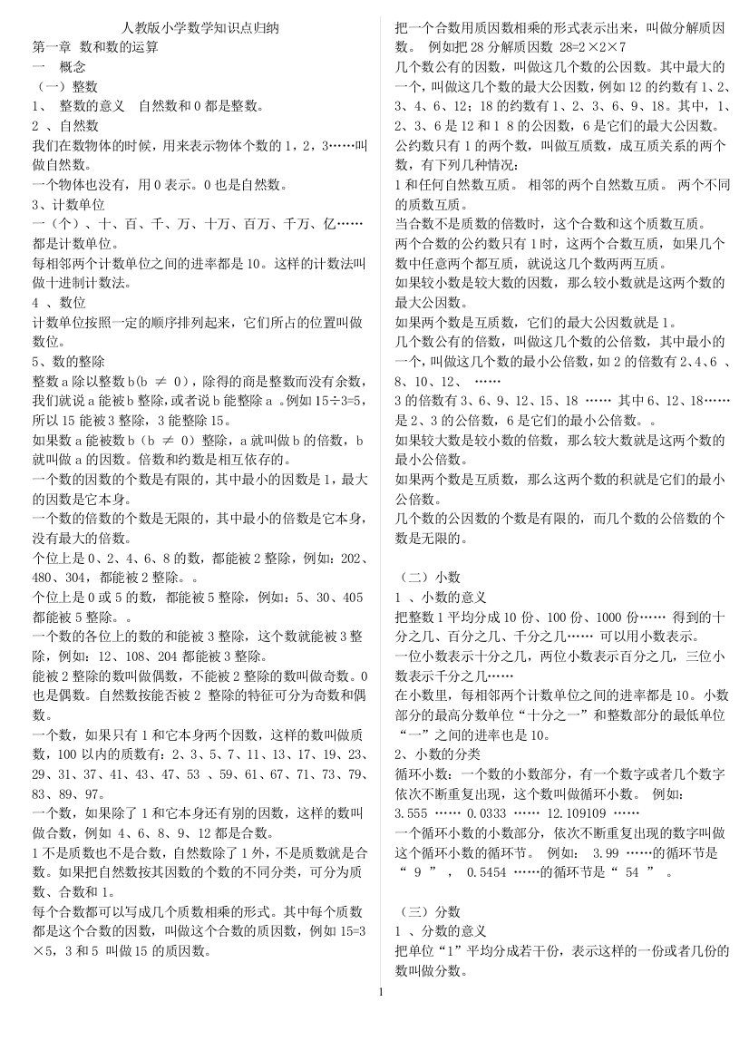 人教版小学数学知识总结