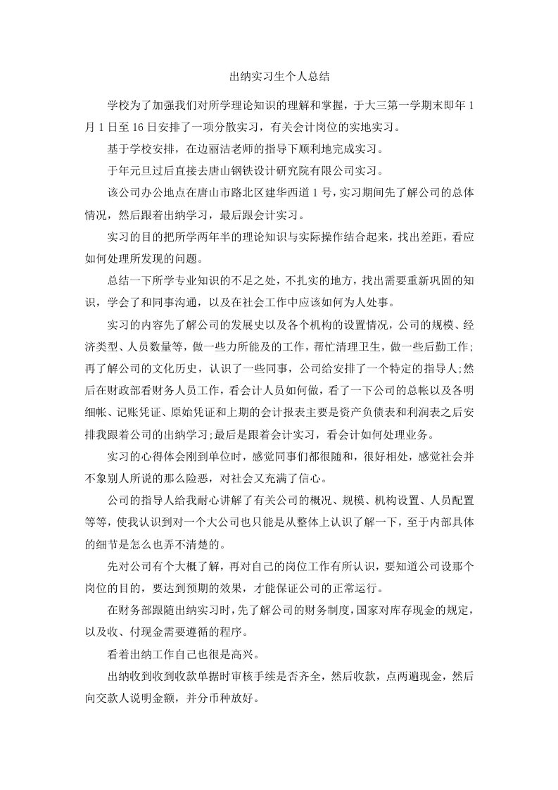 出纳实习生个人总结