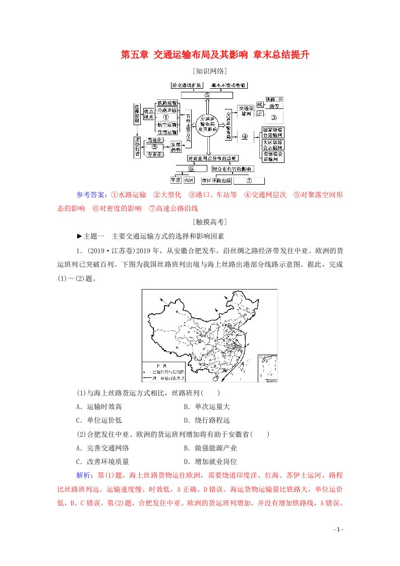 2020高中地理第五章交通运输布局及其影响章末总结提升练含解析新人教版必修2