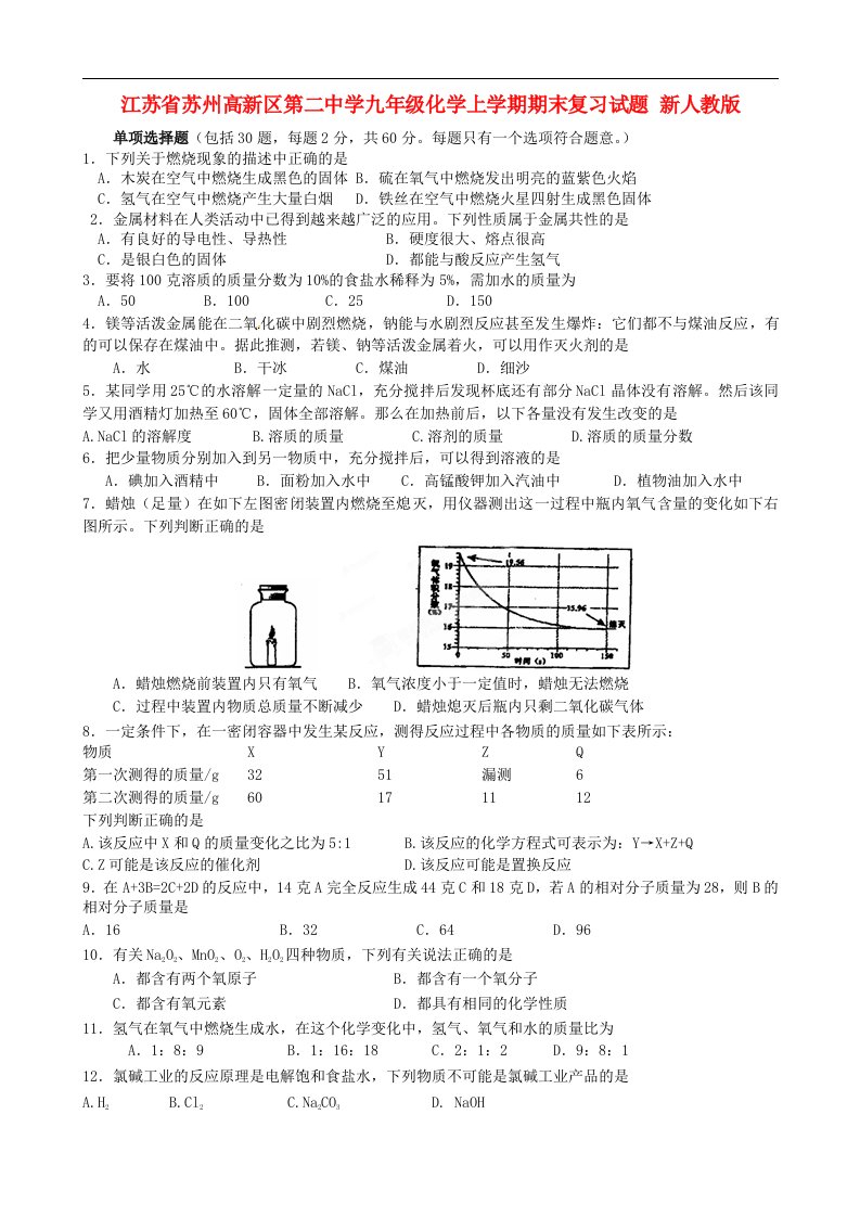 江苏省苏州高新区第二中学九级化学上学期期末复习试题