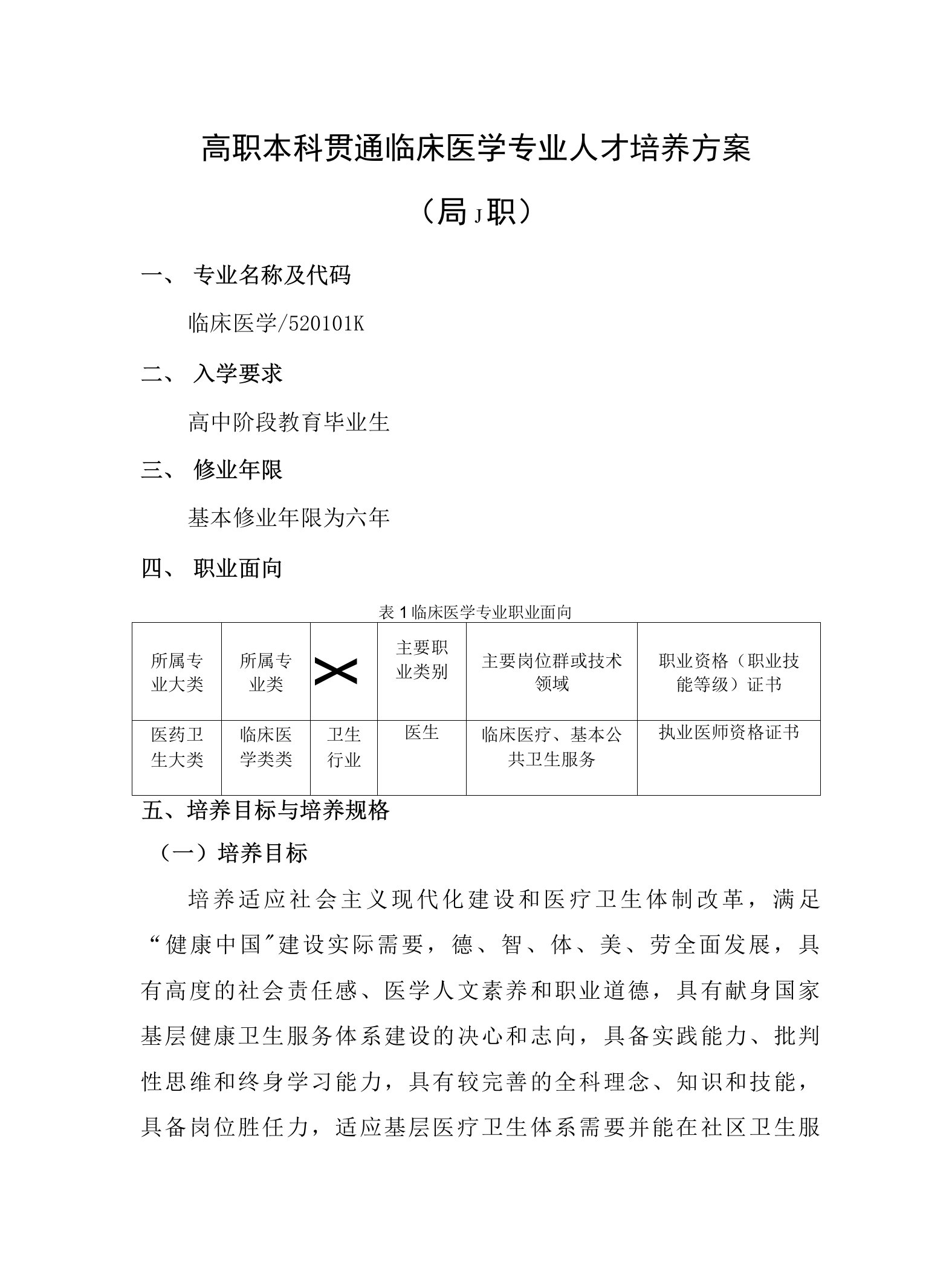 高职本科贯通临床医学专业人才培养方案（高职）