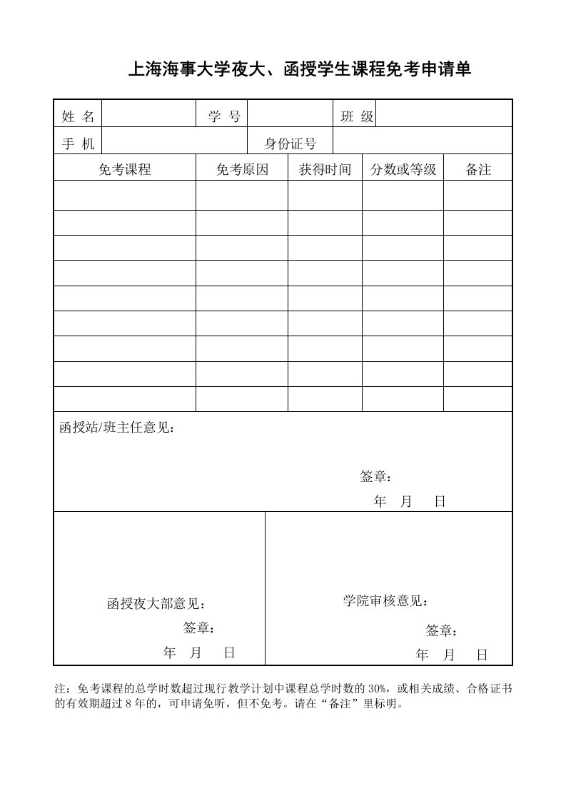 上海海事大学夜大、函授学生课程免考申请单