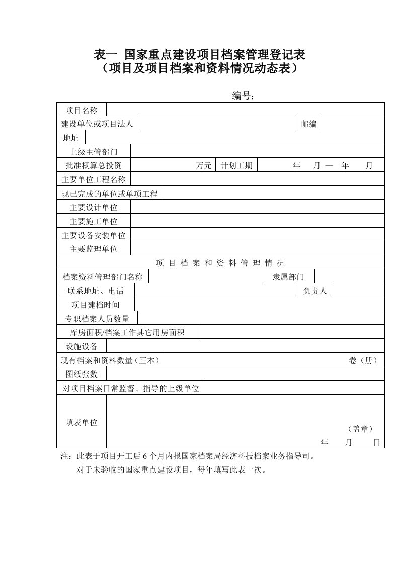 国家重点建设项目档案管理登记表