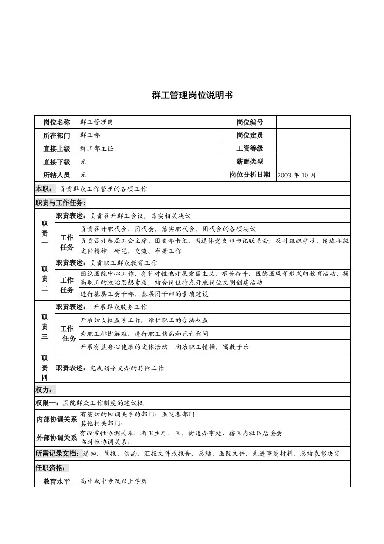 湖北新华医院群工部群工管理岗位说明书