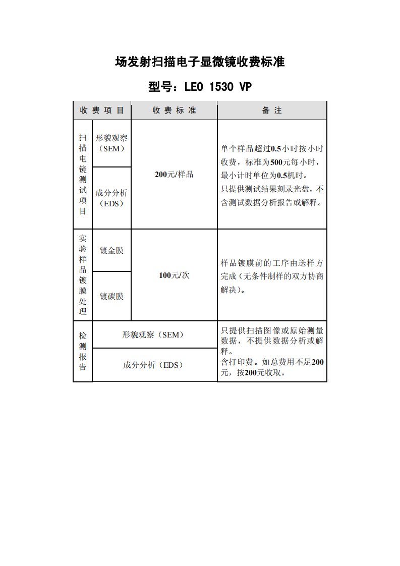 场发射扫描电子显微镜收费标准