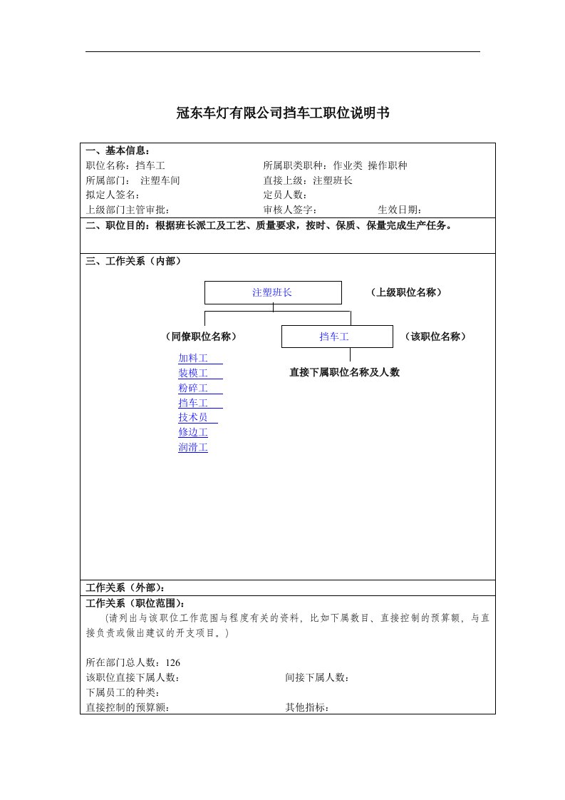 冠东车灯有限公司挡车工职位说明书