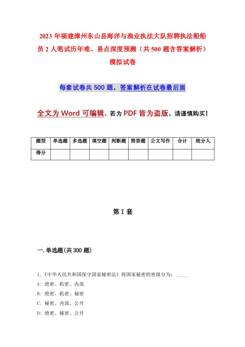 2023年福建漳州东山县海洋与渔业执法大队招聘执法船船员2人笔试历年难易点深度预测共500题含答案解析模拟试卷