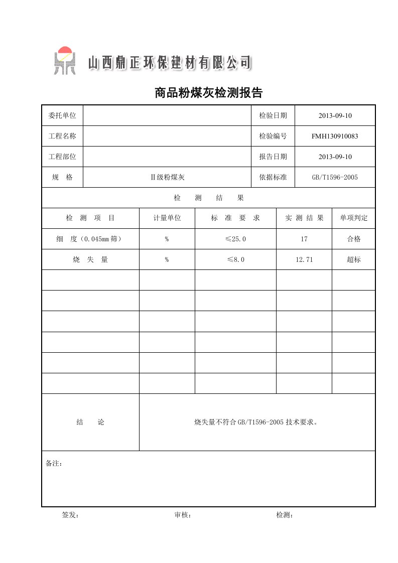 商品粉煤灰检测报告