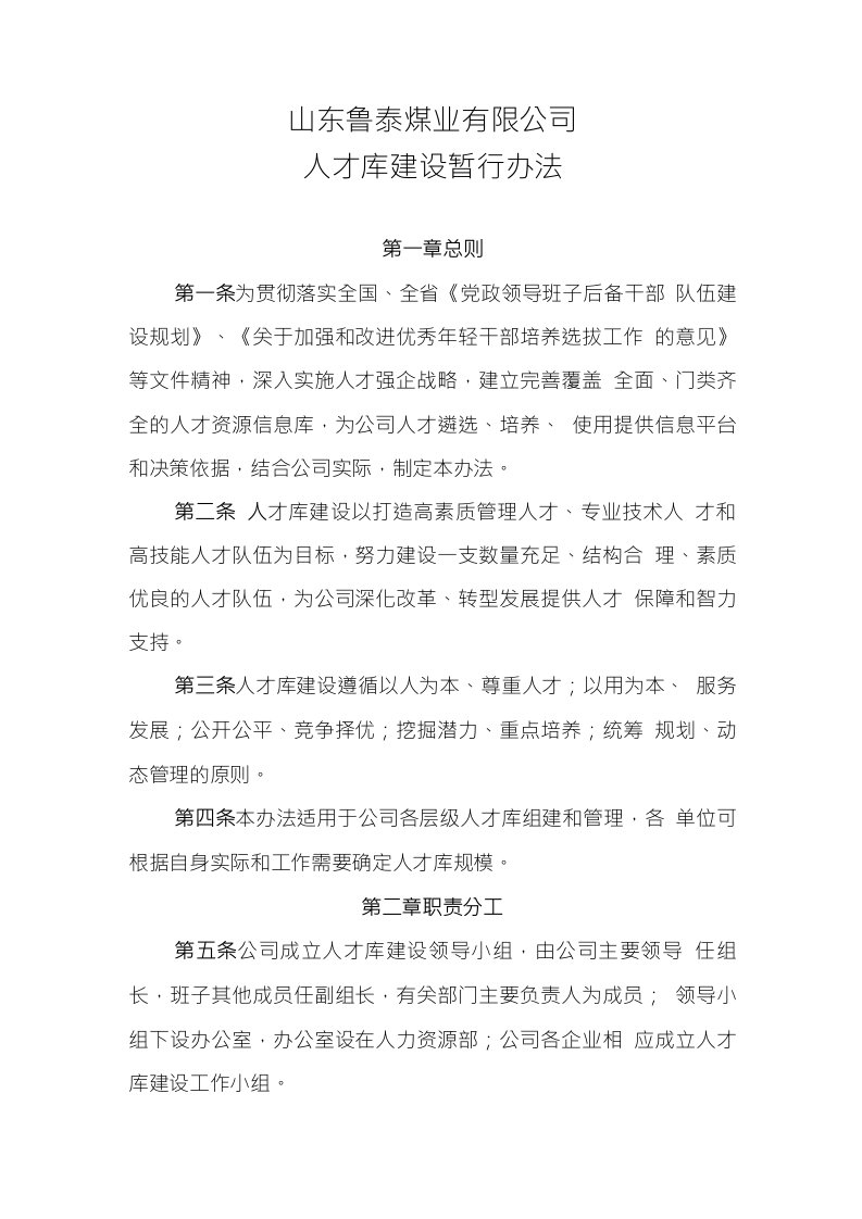 山东鲁泰煤业有限公司人才库建设暂行办法