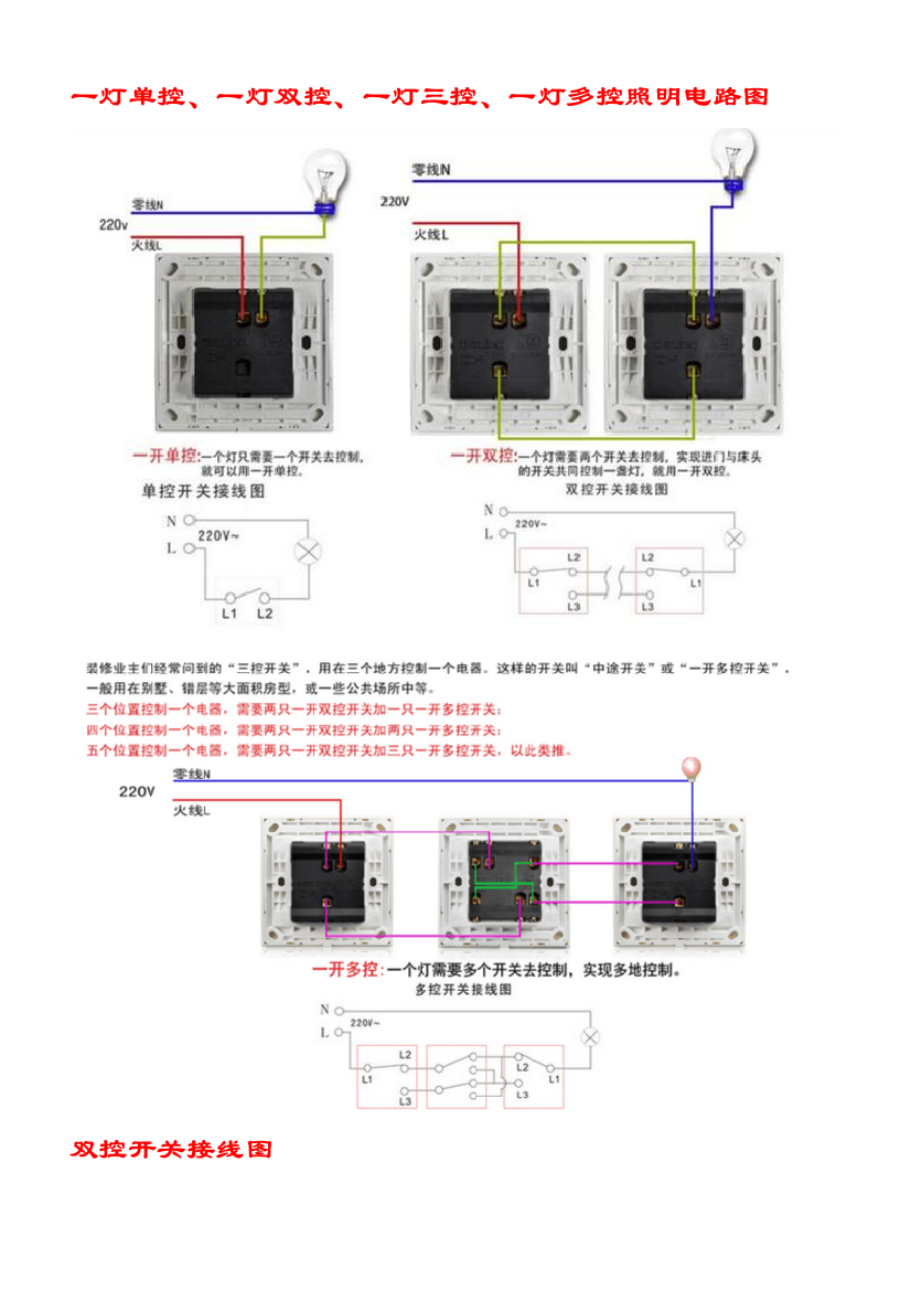 一灯单控、一灯双控、一灯三控、一灯多控照明电路图