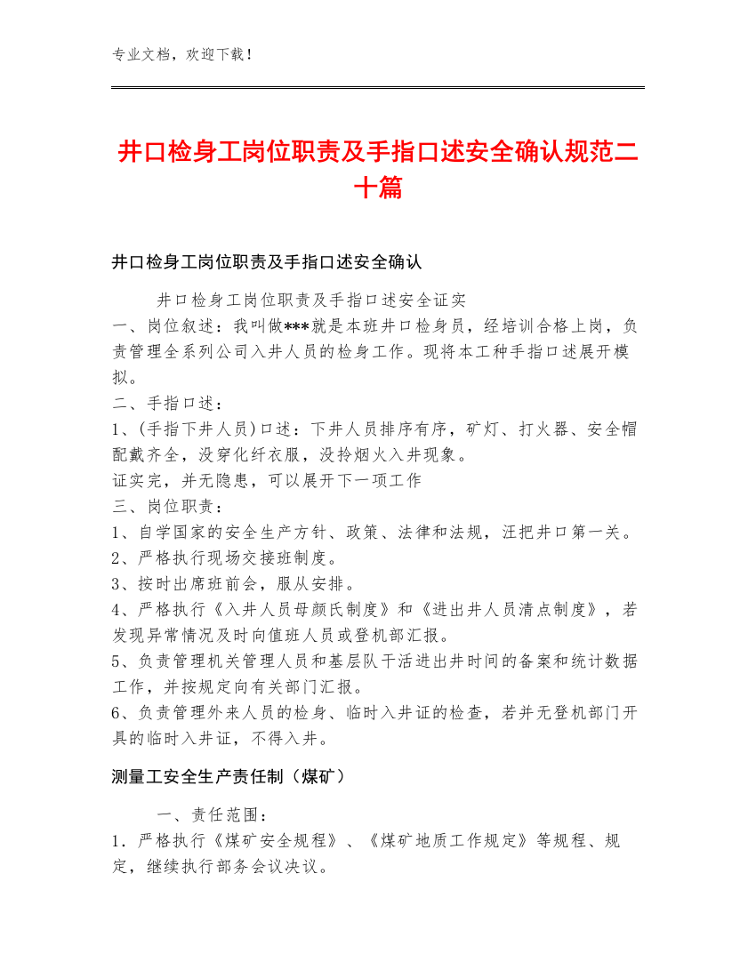 井口检身工岗位职责及手指口述安全确认规范二十篇