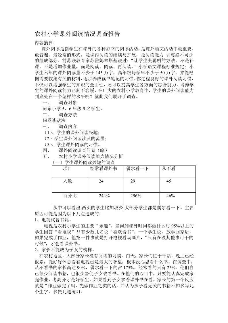 农村小学课外阅读情况调查报告