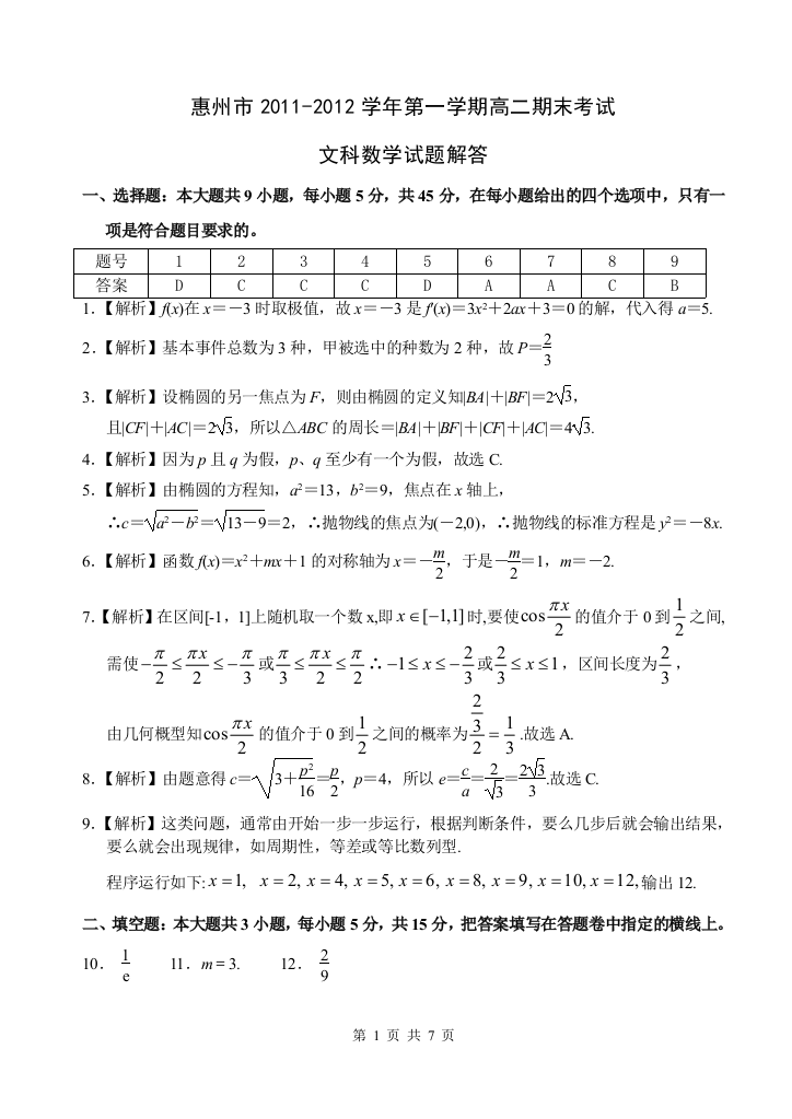 【小学中学教育精选】惠州市2011-2012学年第一学期高二期末考试文科试题答案