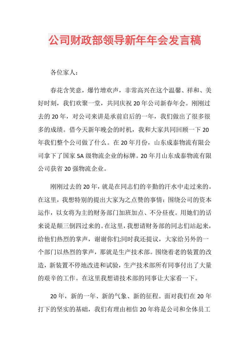 公司财政部领导新年年会发言稿