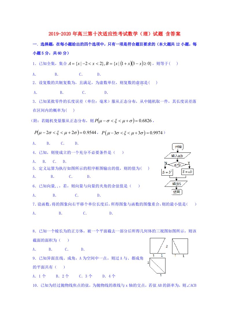 2019-2020年高三第十次适应性考试数学（理）试题