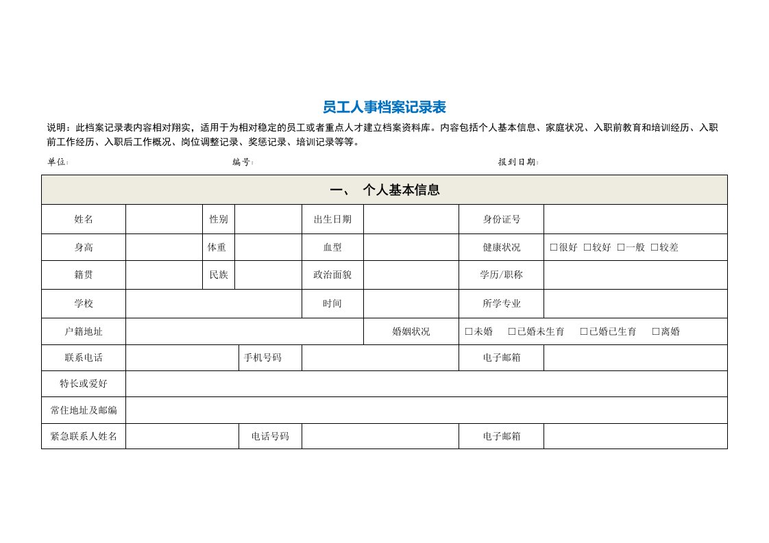 人事制度表格-33员工人事档案记录表6页