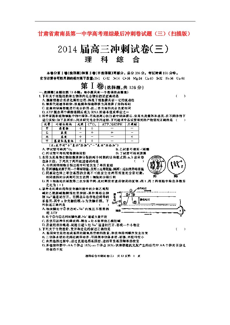 甘肃省肃南县第一中学高考理综最后冲刺卷试题（三）（扫描版）