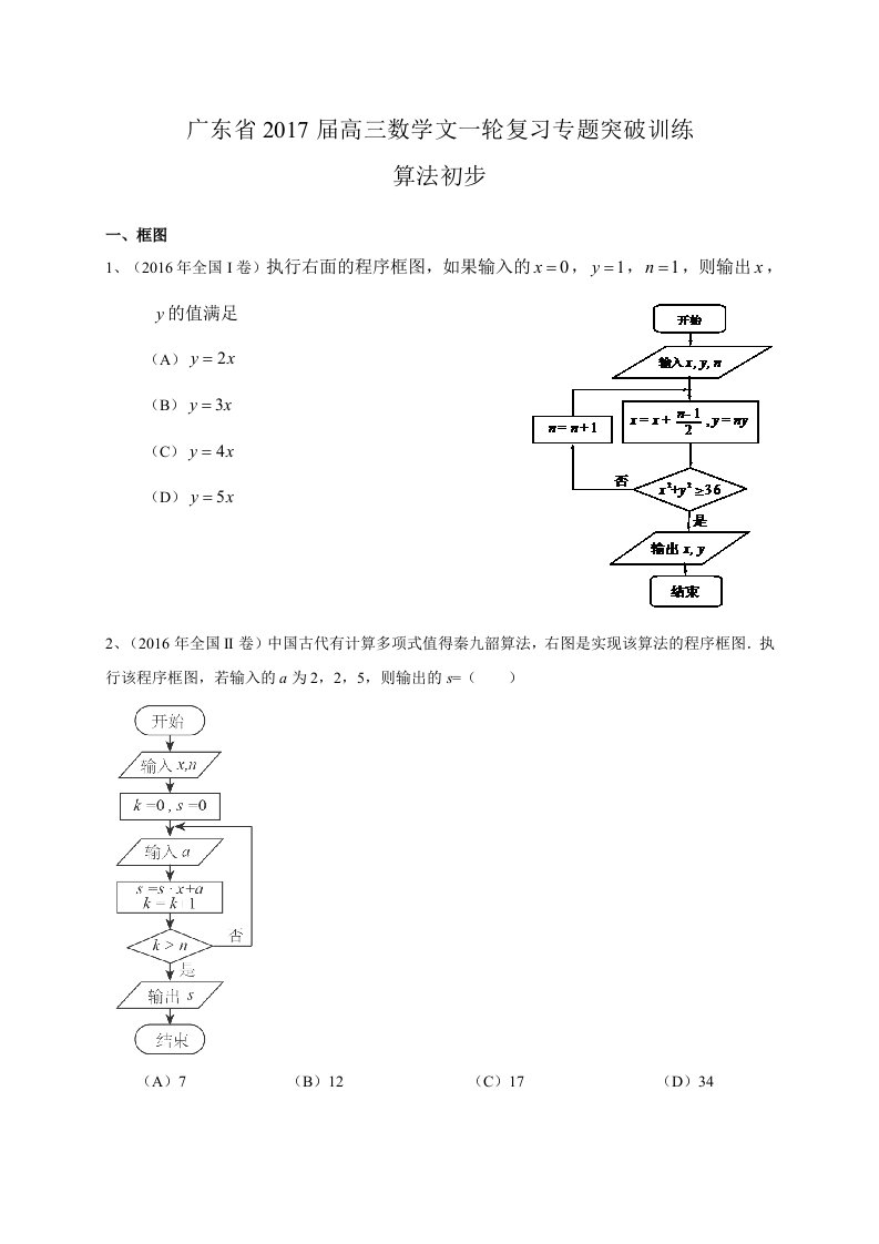 广东省届高三数学文一轮复习专题突破训练：算法初步