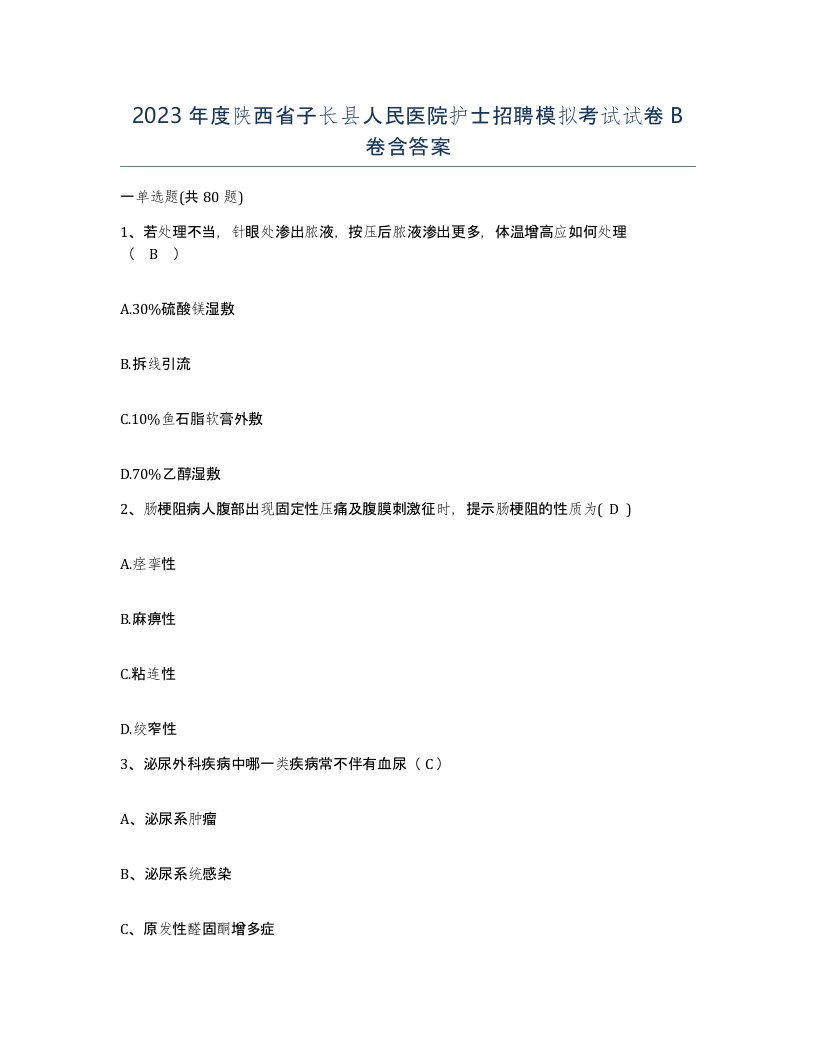 2023年度陕西省子长县人民医院护士招聘模拟考试试卷B卷含答案