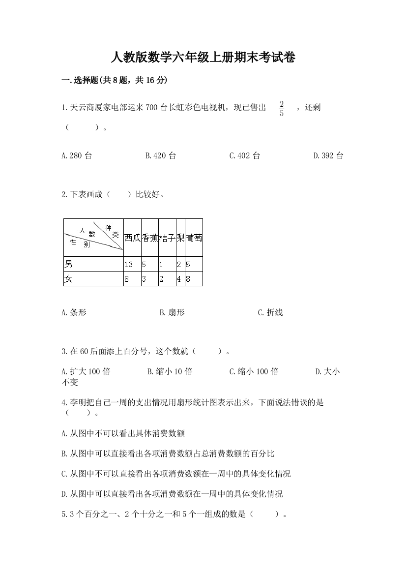 人教版数学六年级上册期末考试卷附答案(基础题)