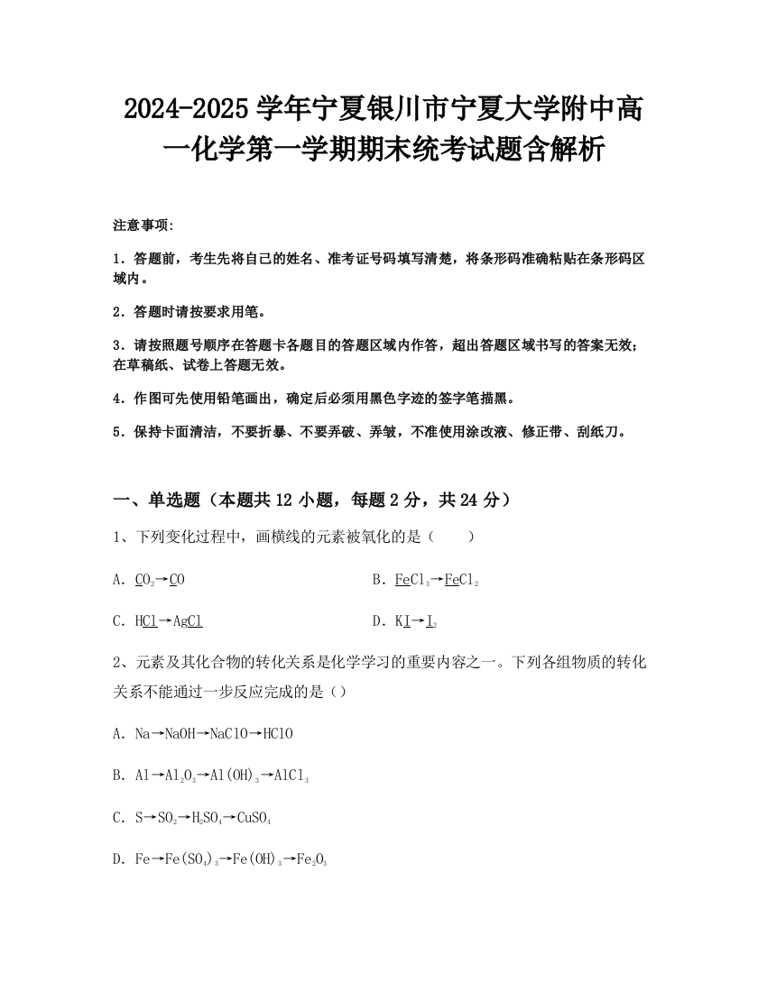 2024-2025学年宁夏银川市宁夏大学附中高一化学第一学期期末统考试题含解析