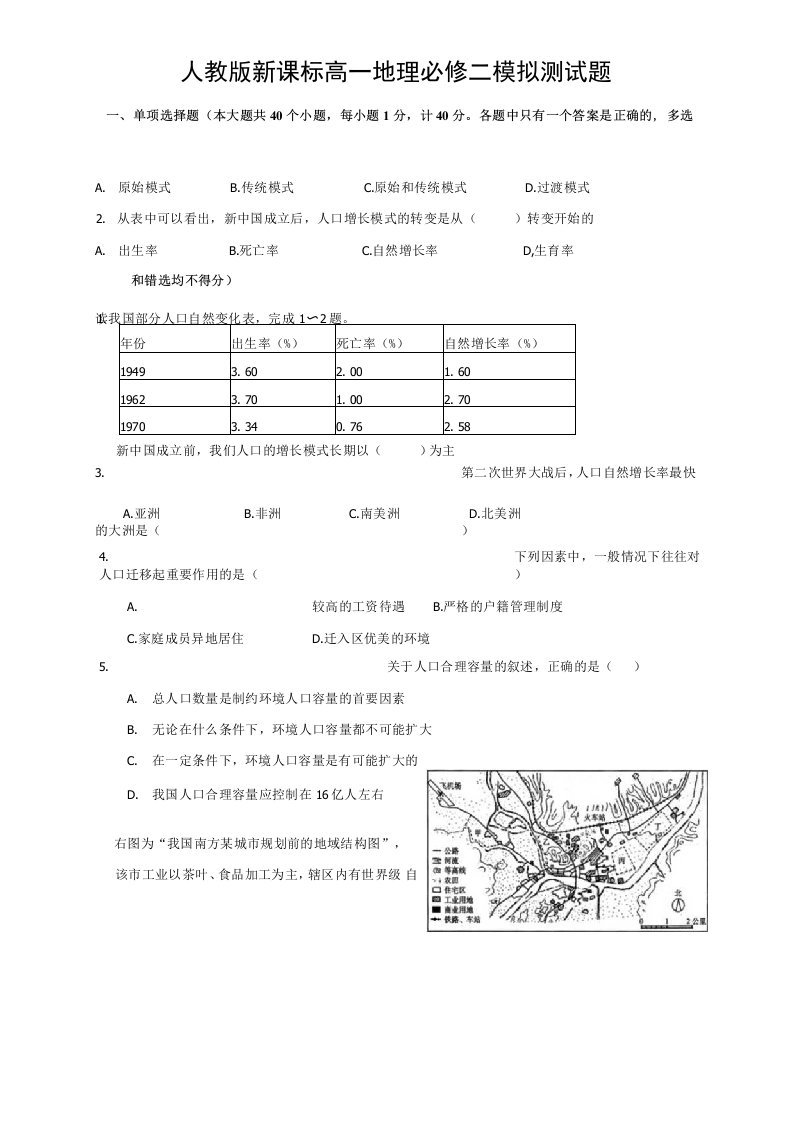 人教版新课标高一地理必修二模拟测试题