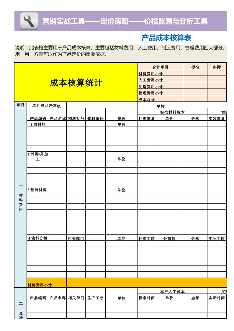 企业管理-产品成本核算表