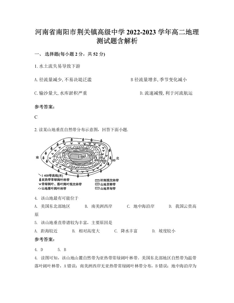 河南省南阳市荆关镇高级中学2022-2023学年高二地理测试题含解析