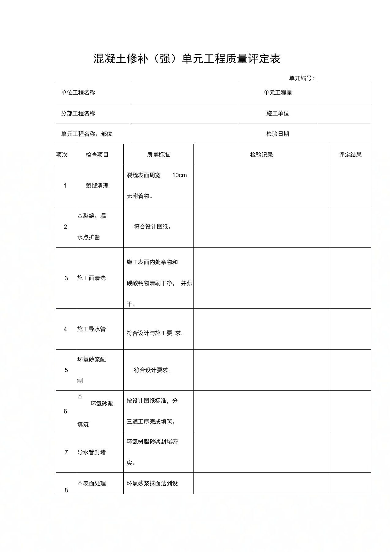 混凝土修补(强)单元工程质量评定表