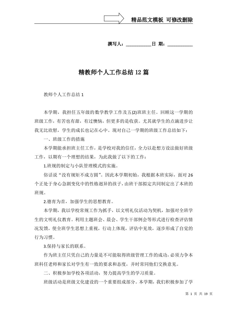 精教师个人工作总结12篇