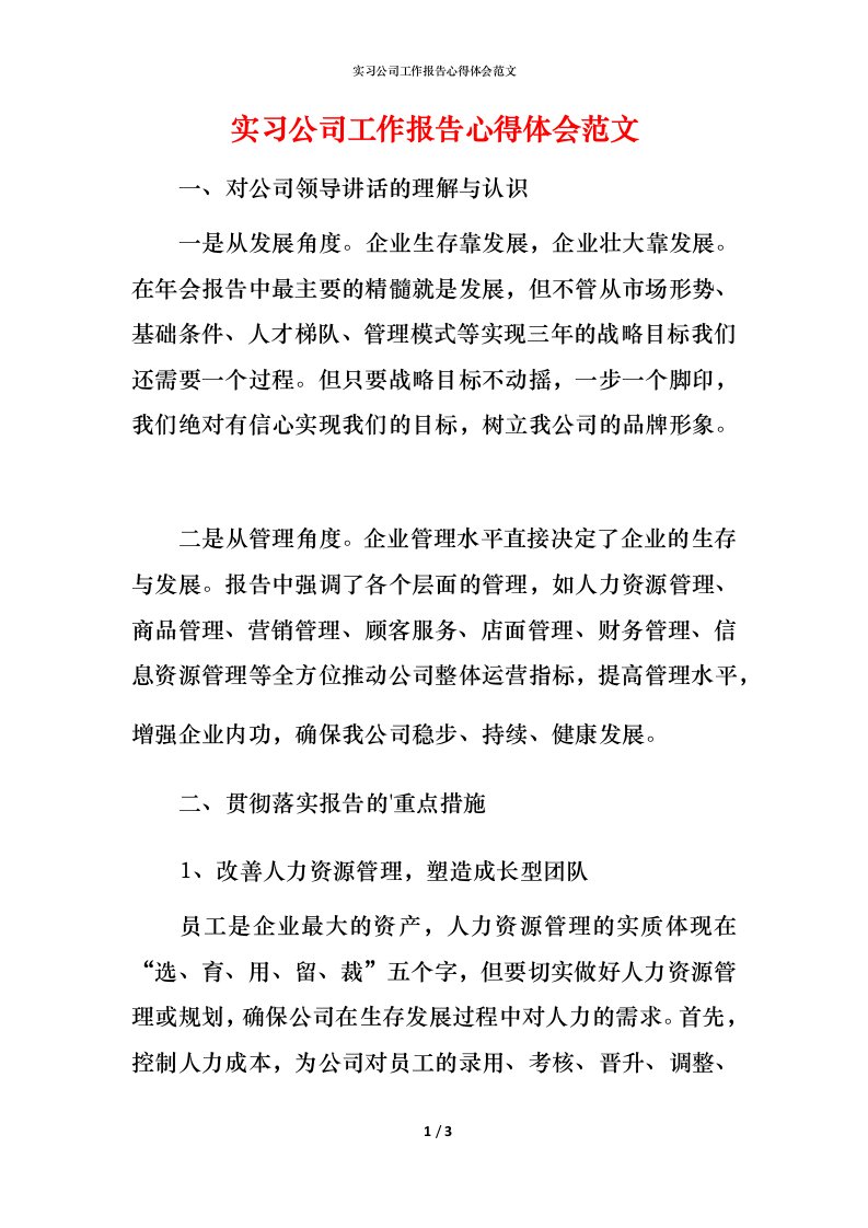 精编实习公司工作报告心得体会范文