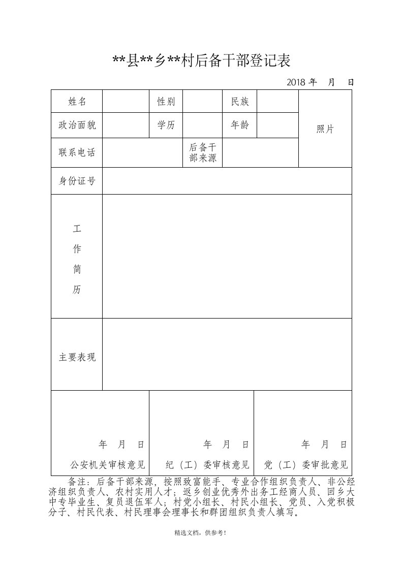 村级后备干部登记表