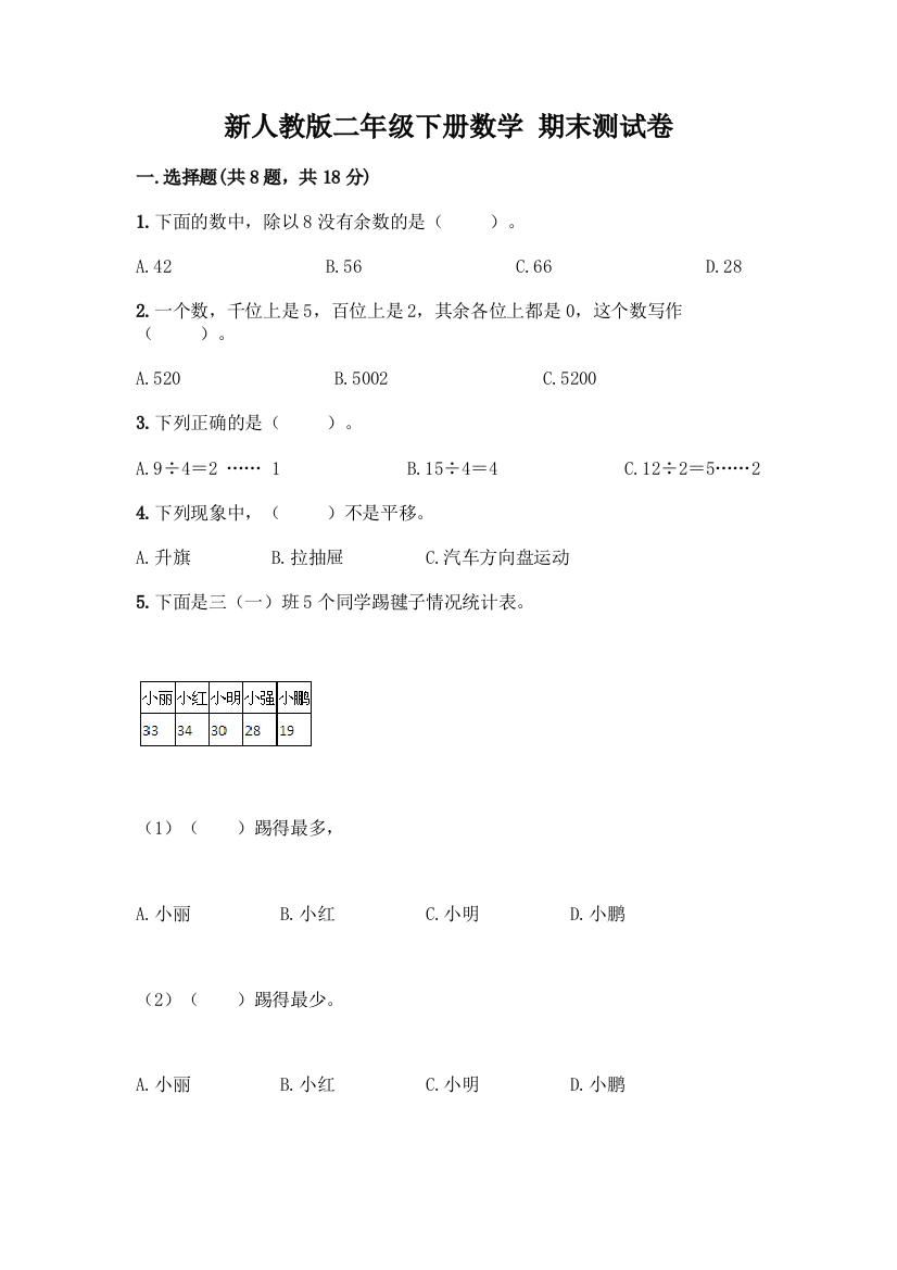 新人教版二年级下册数学-期末测试卷精品【全优】