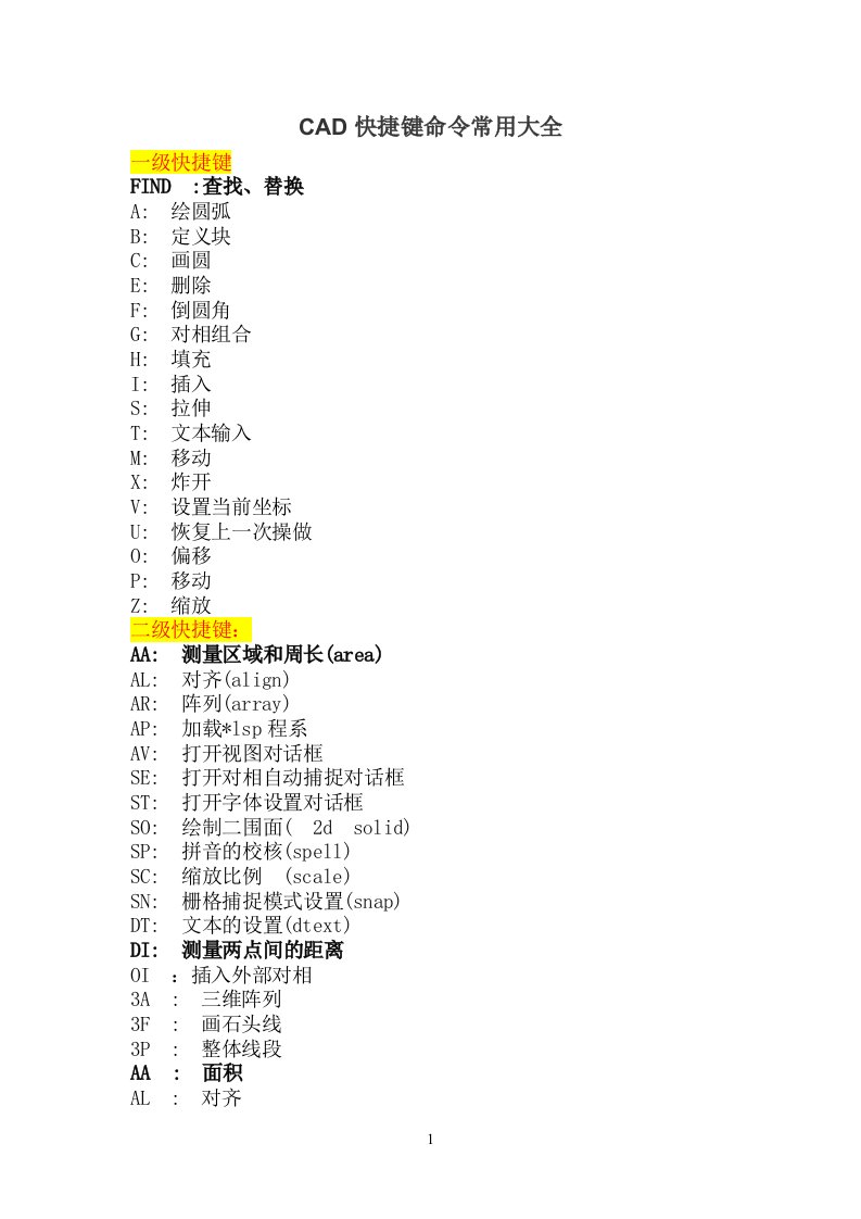 CAD快捷键命令常用大全(word版)