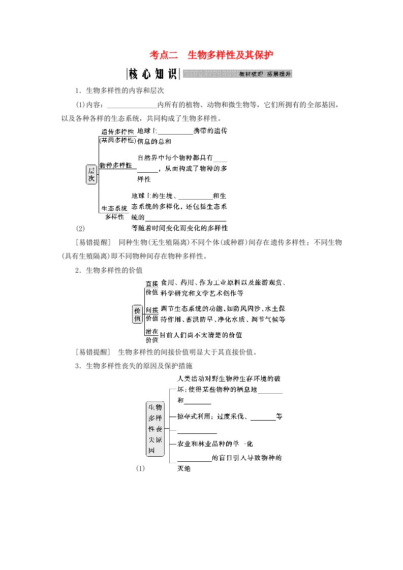 2025届高考生物一轮总复习学生用书选择性必修2第九单元生物与环境第45讲人与环境考点二生物多样性及其保护