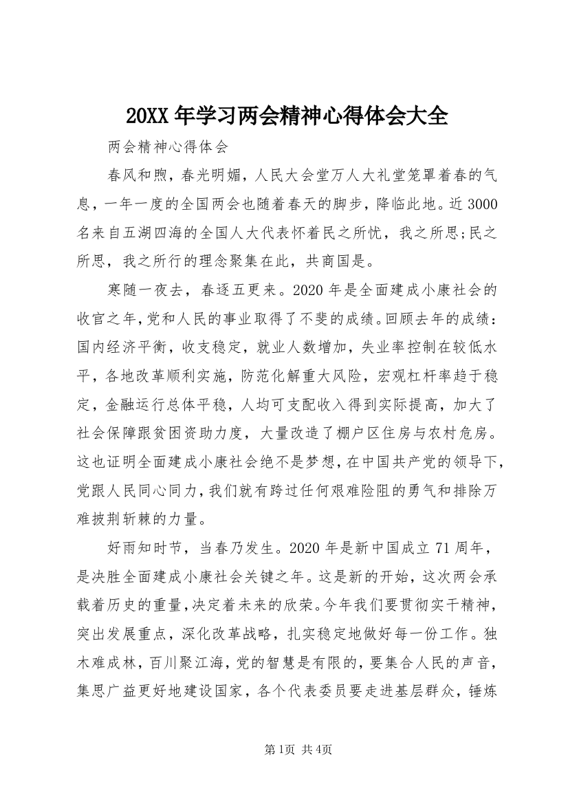 20XX年学习两会精神心得体会大全