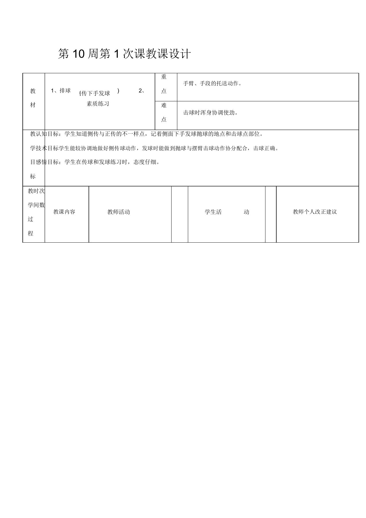 初二年级体育教案第10周第1次课排球(侧传下手发球)