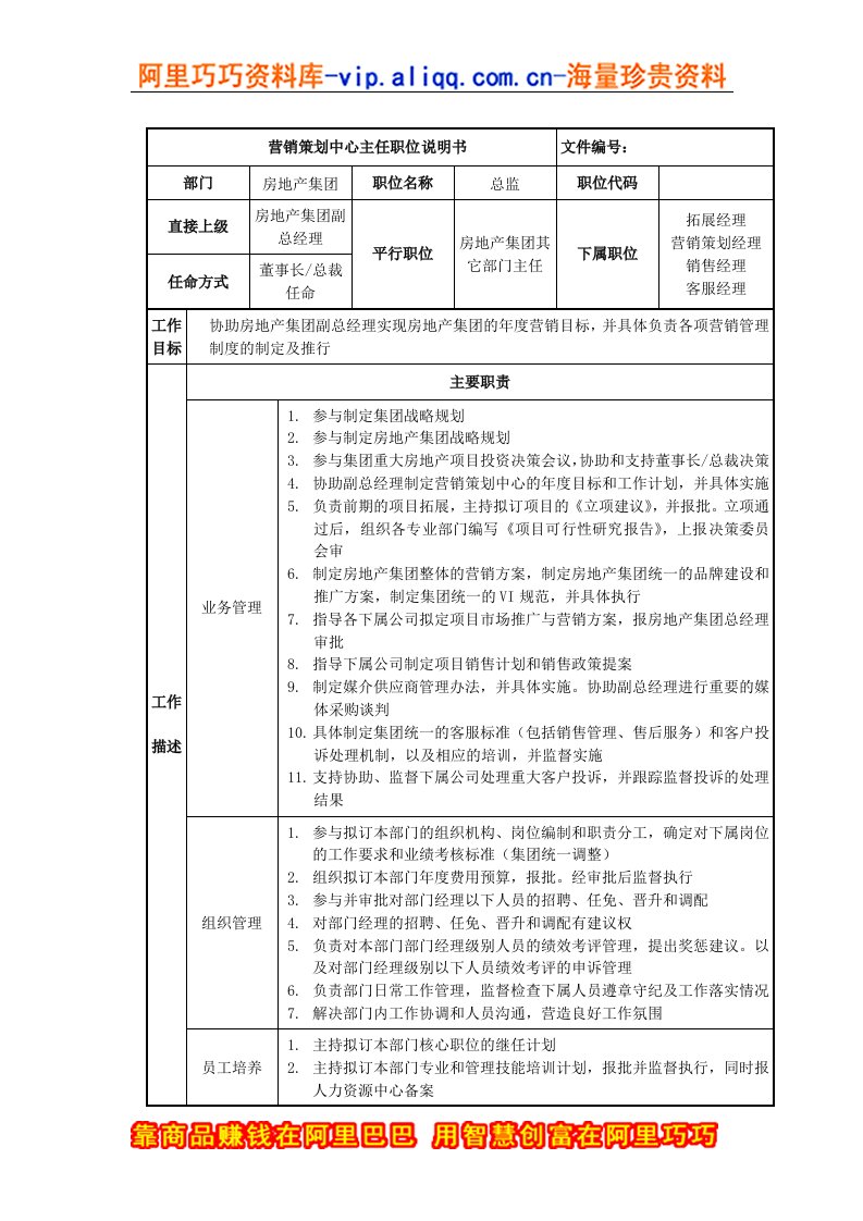 房地产集团营销策划中心主任岗位说明书