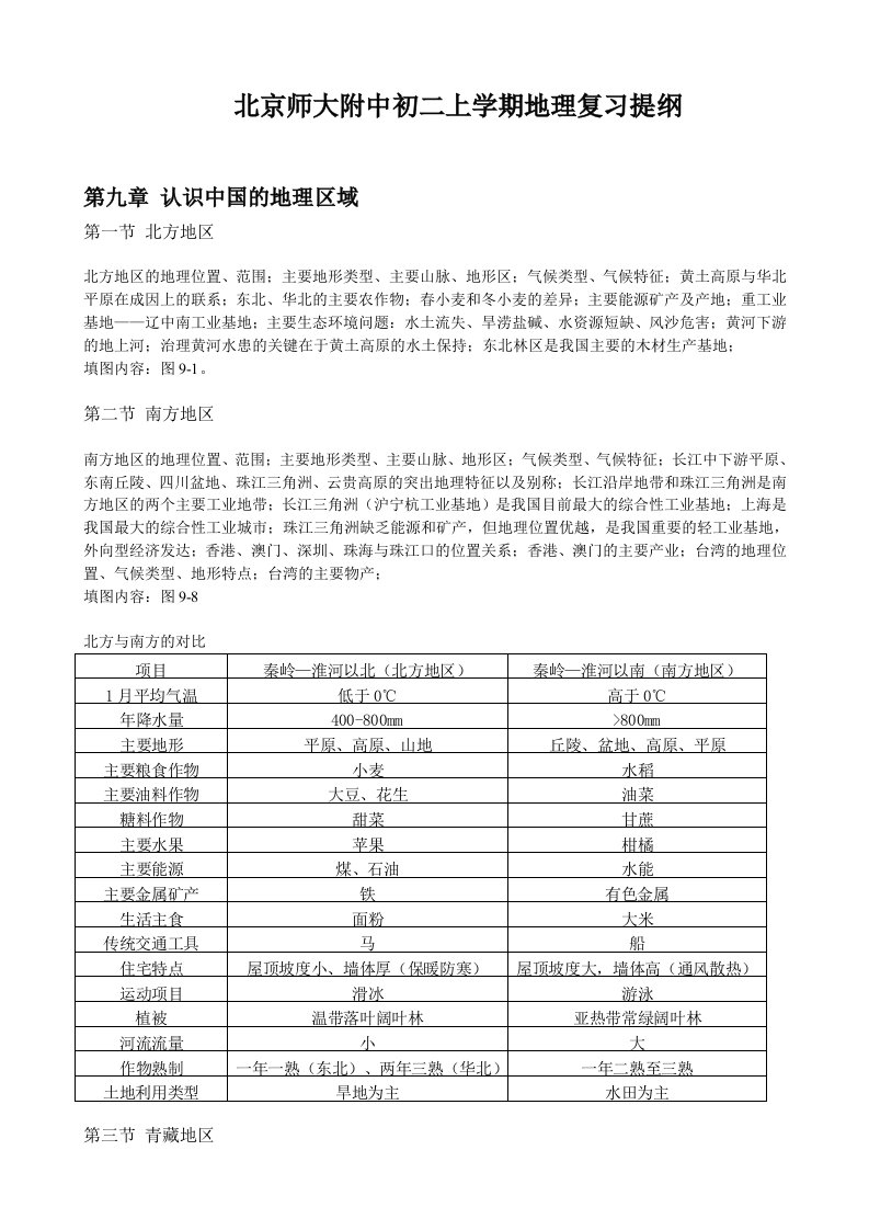 北京师大附中初二上学期期末地理复习提纲