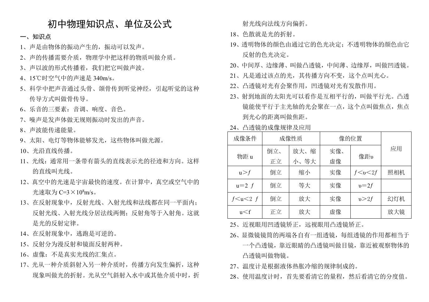 初中物理知识点单位及公式