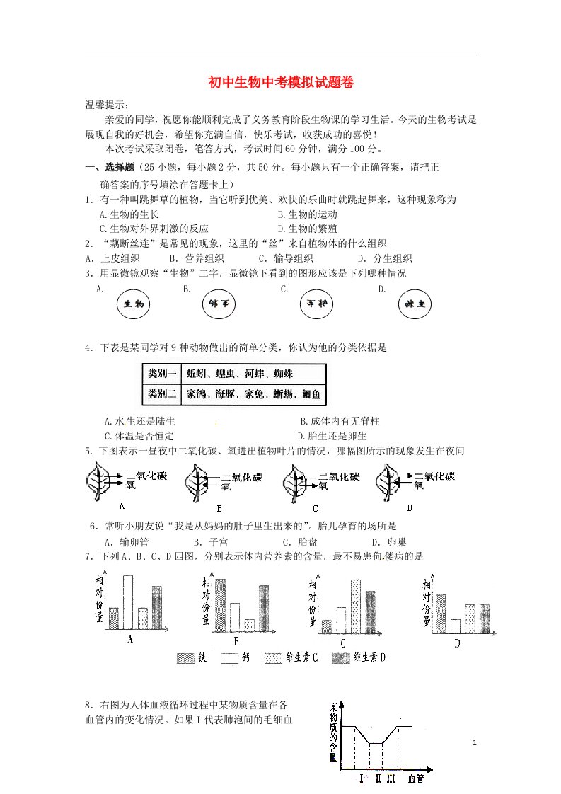 湖南省冷水江市第七中学中考生物模拟试题