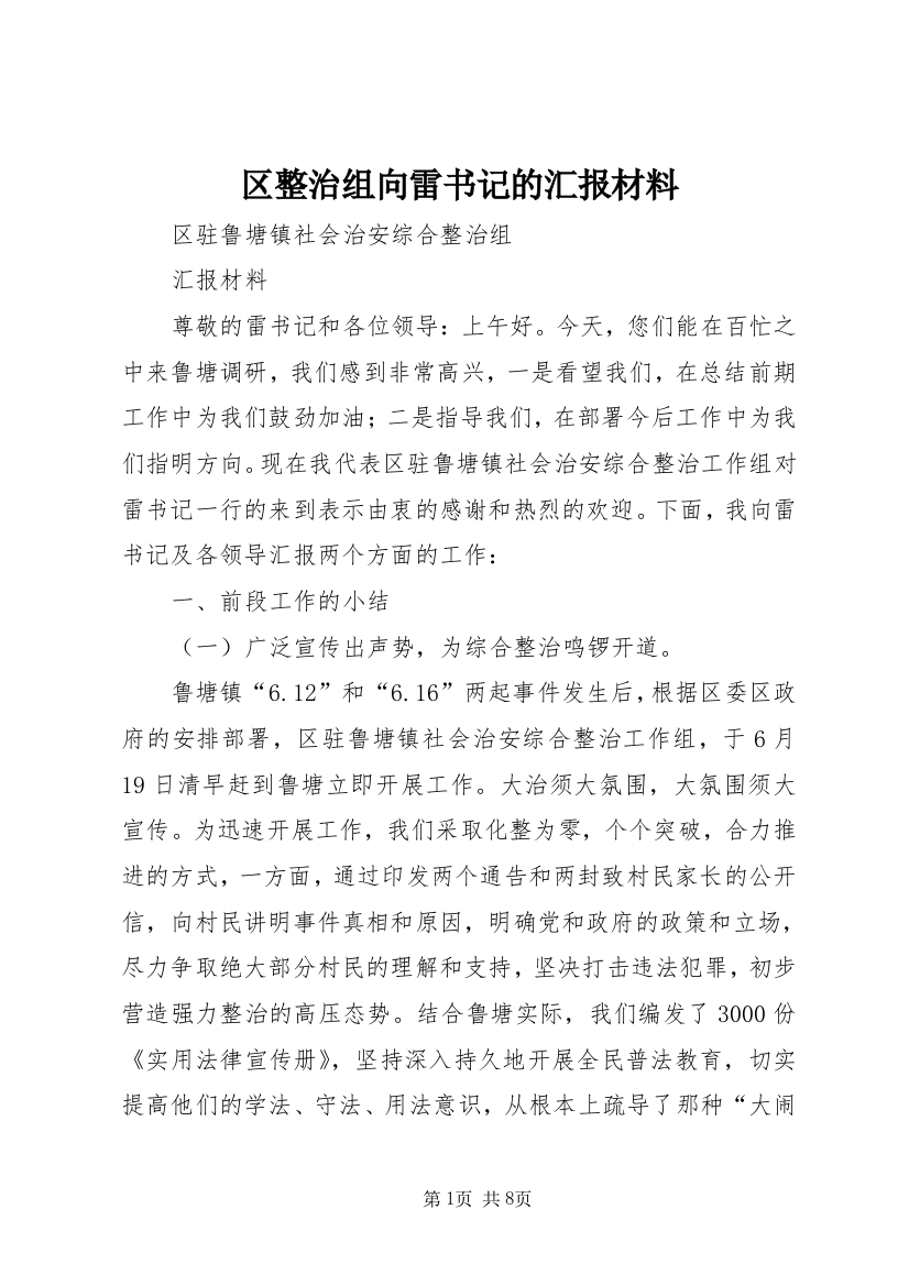 区整治组向雷书记的汇报材料