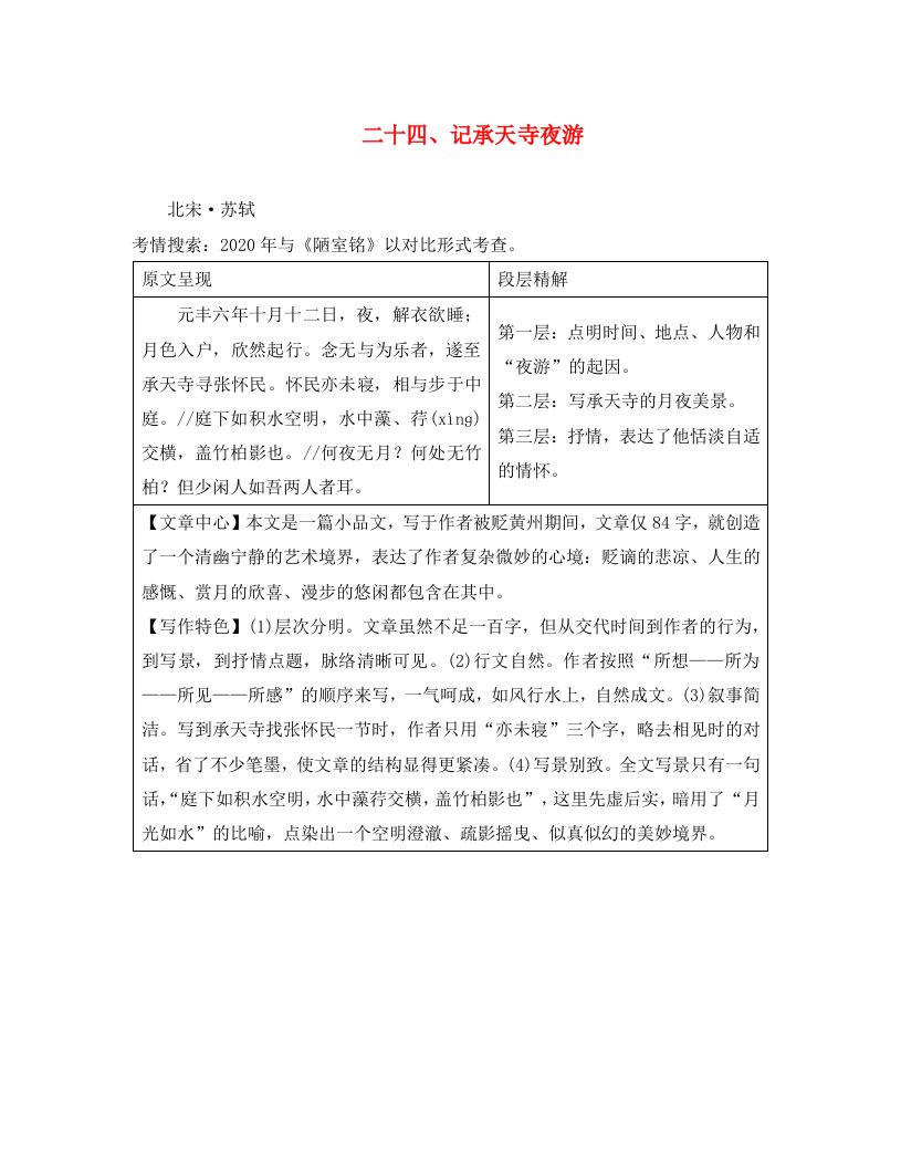 湖南省益阳市2020年中考语文第二部分古诗文阅读二十四记承天寺夜游素材北师大版通用