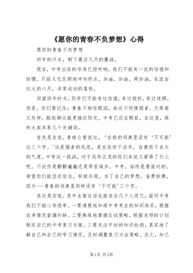 《愿你的青春不负梦想》心得