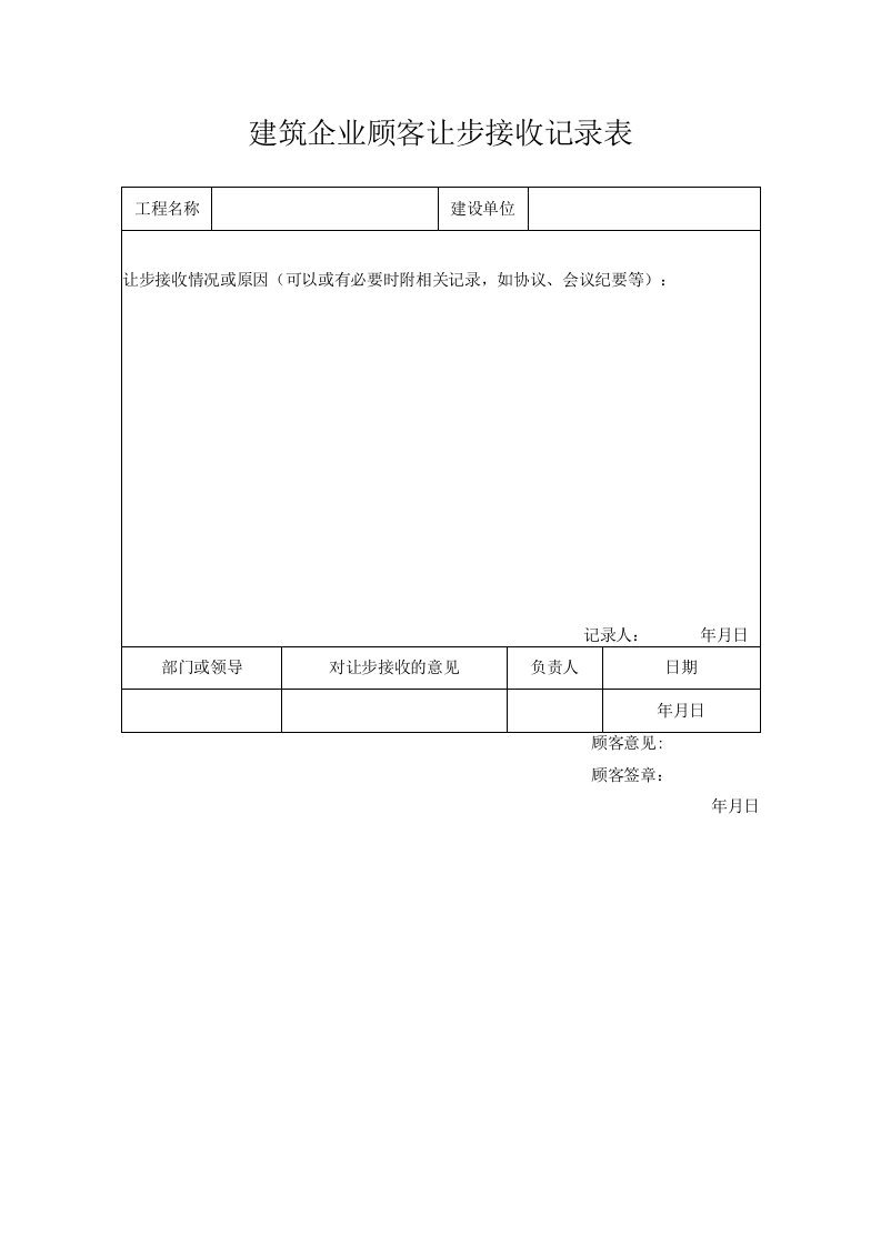 建筑企业顾客让步接收记录表