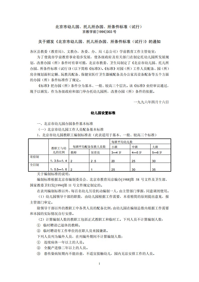 北京市幼儿园、托儿所办园、所条件标准（试行）