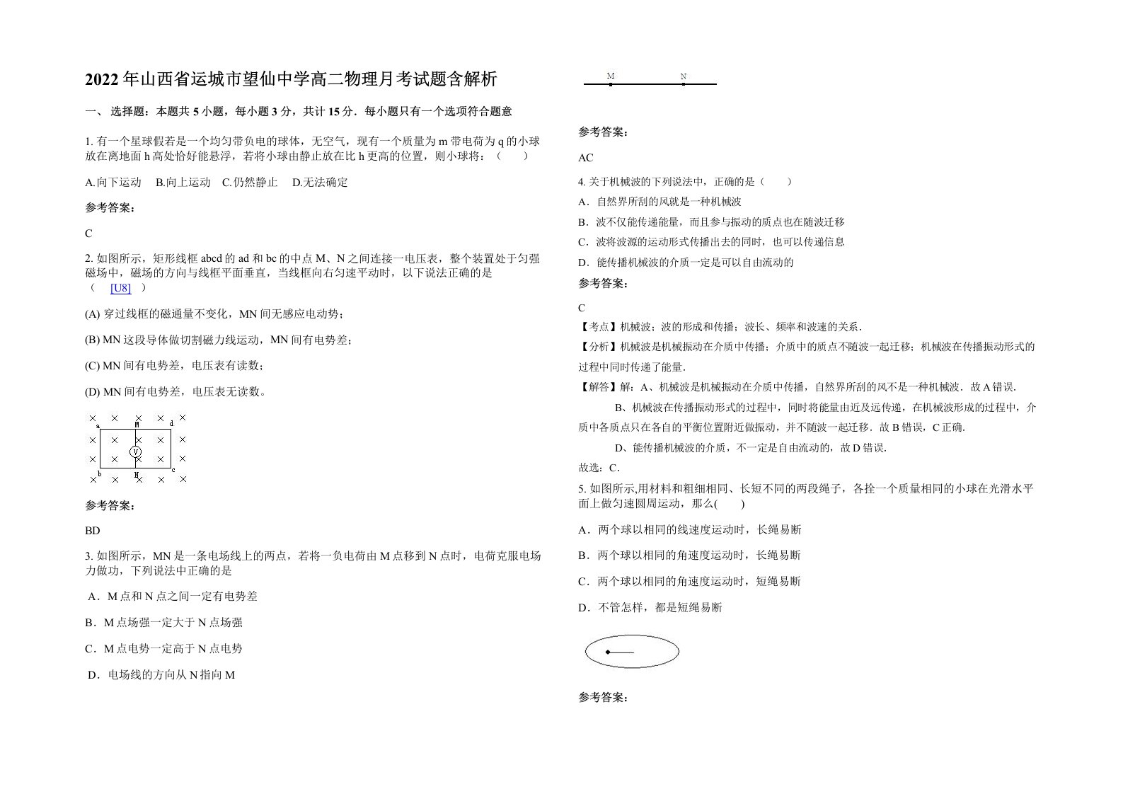 2022年山西省运城市望仙中学高二物理月考试题含解析